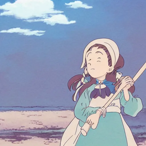 Image similar to a kindly witch in by a beachside cabin, studio ghibli official key visual