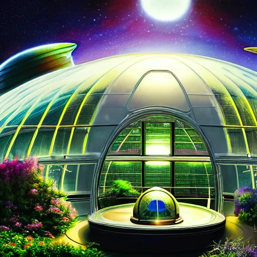 Prompt: a cinematic view of a deepspace solar powered space habitat colony, large domed greenhouses with exotic plants, retrofuturism, scifi art, oil on canvas, biodome, stars in the sky above, details, hyper - detailed, hd, hdr, 4 k, 8 k