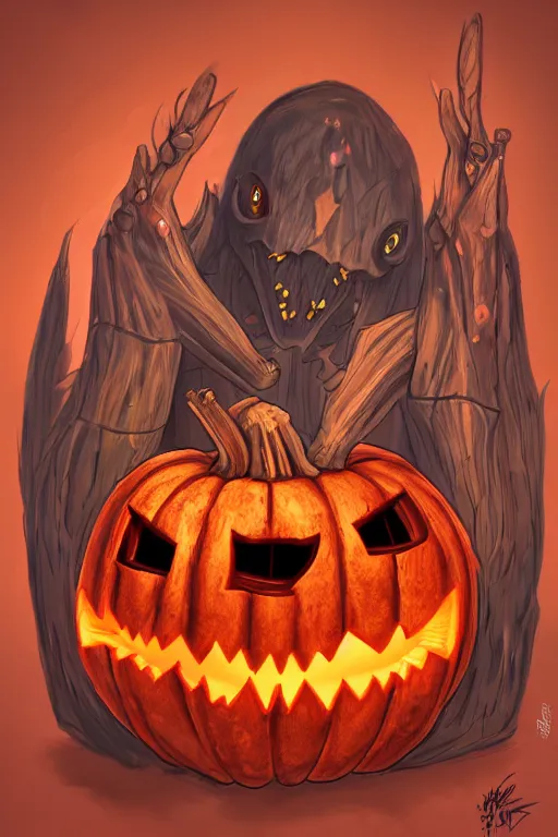 Image similar to a humanoid pumpkin monster, amber glowing eyes, highly detailed, digital art, sharp focus, trending on art station, plant, anime art style