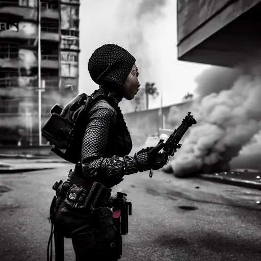 Image similar to Candid extreme wide shot of a poor techwear mixed woman with short hair and tattoos outside of a futuristic Los Angeles on fire, a police MRAP on fire, cyberpunk, 4k, extreme long shot, desaturated, full shot, action shot, motion blur, depth of field, sigma 85mm f/1.4, high resolution, 4k, 8k, hd, full color, award winning photography, war photography