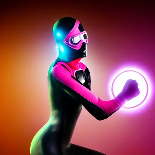 Prompt: female superhero, floating, pink and black supersuit, goggles over eyes, playing with a glowing cube