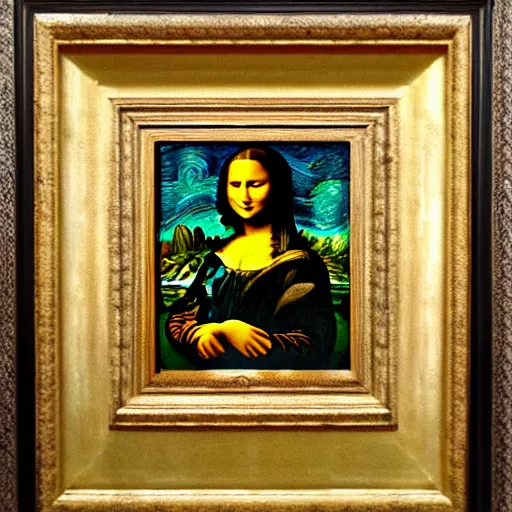 Prompt: mona lisa with a bottle of jenever in schiedam in the style of van gogh