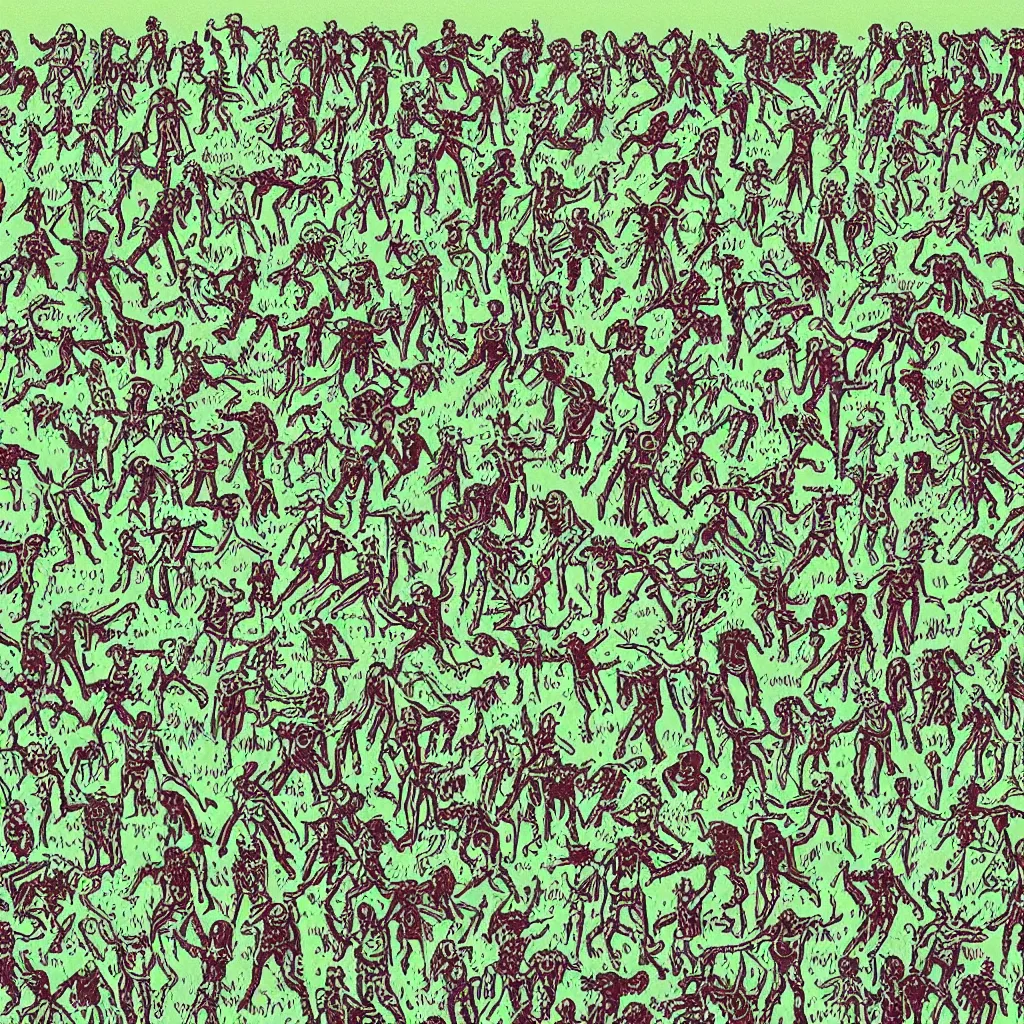 Image similar to risograph of zombies in a field, minimalist,