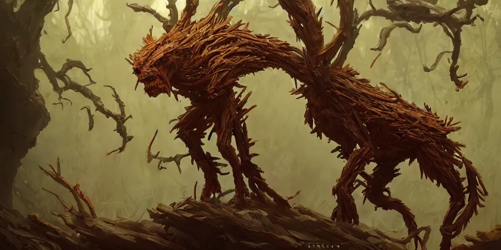 Prompt: Creature made of wood, leaves and branches, yellow eyes. In style of Greg Rutkowski, Jesper Ejsing, Makoto Shinkai, trending on ArtStation, fantasy, great composition, concept art, highly detailed, scenery, 8K, Behance.