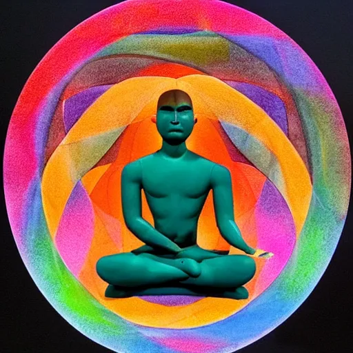 Image similar to A beautiful sculpture of a man with a large head, sitting in what appears to be a meditative pose. His eyes are closed and he has a serene look on his face. His body is made up of colorful geometric shapes and patterns that twist and turn in different directions. It's almost as if he's sitting in the middle of a kaleidoscope! close-up by Norman Ackroyd forbidding