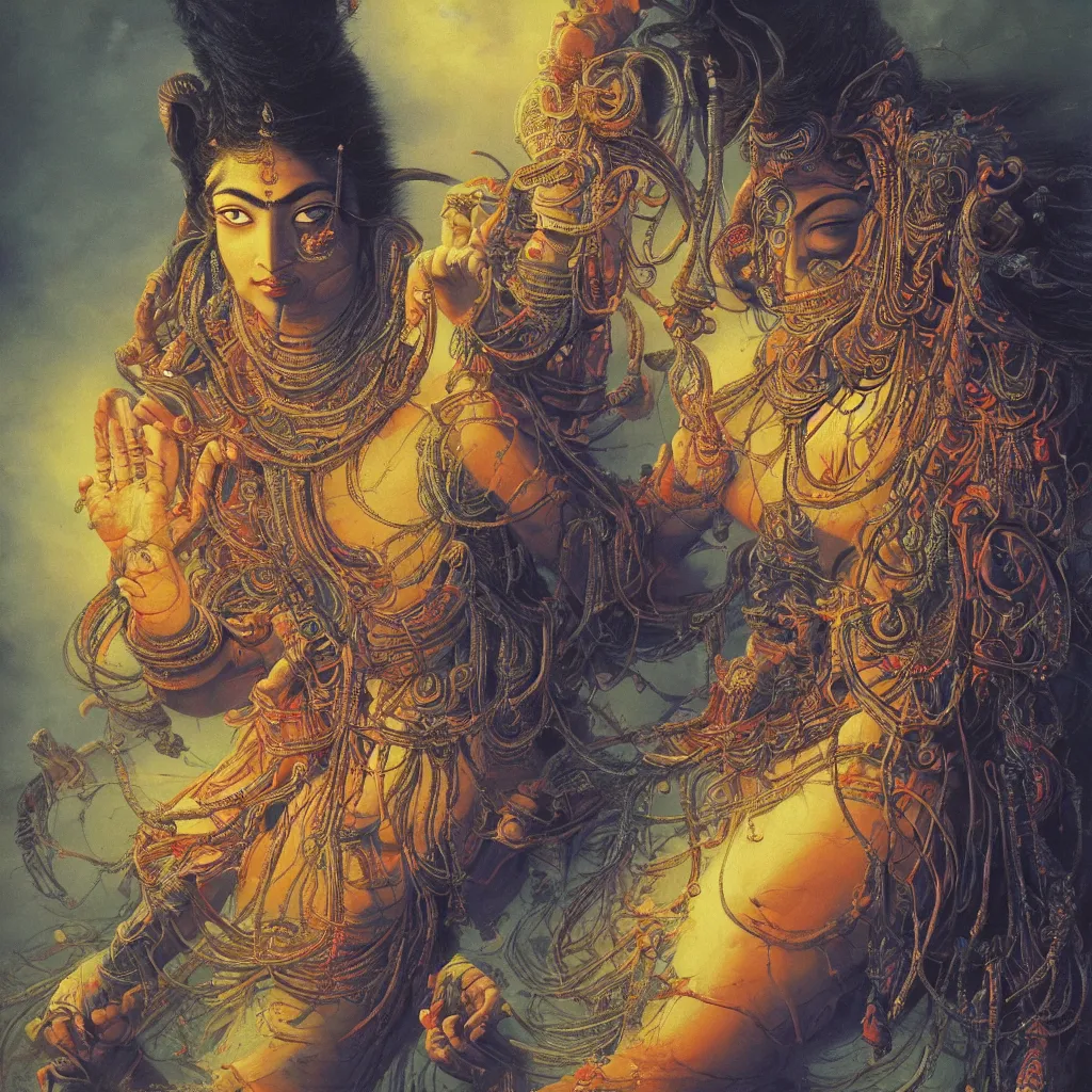 Prompt: One many-armed Shiva. Background in colorful patterns. High detail, hyperrealism, masterpiece, close-up, ceremonial portrait, solo, rich deep colors, realistic, art by Yoshitaka Amano, Ivan Aivazovsky, Giger