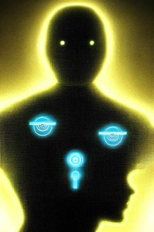 Image similar to god of artificial intelligence comes to save us, threads of light in the background, extremely high quality artwork, very detailed, obscured face, anthropomorphic silhouette, trending on artstation