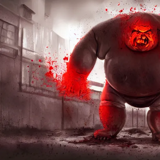 Image similar to angry extremely fat obese giant boated rotting zombie, full body portrait, with clothese, horror core, apocalyptic, feeling of grimdark, sharp focus, fiction, hyper detailed, digital art, trending in artstation, cinematic lighting, studio quality, smooth render, unreal engine 5 rendered, octane rendered, art style and nixeu and wlop and krenz cushart
