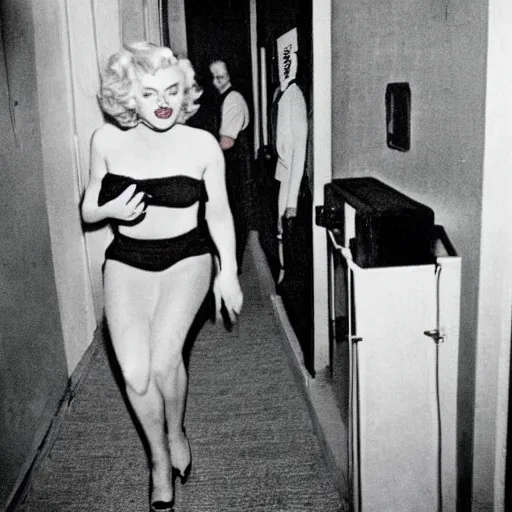 Prompt: A creepy polaroid photo of marilyn monroe chasing you down a hallway