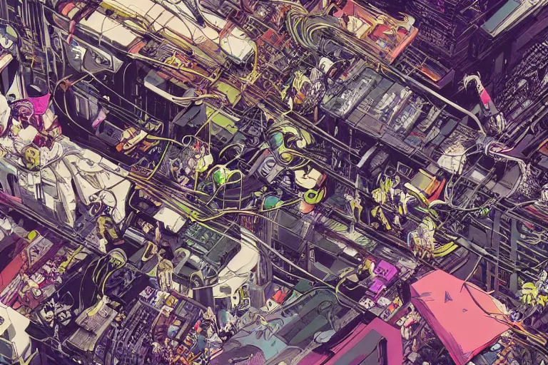 Image similar to a hyper-detailed cyberpunk illustration with a group of android females lying over an empty floor in various poses, with their bodies open and cables and wires coming out, by masamune shirow and katsuhiro otomo, view from above, close up