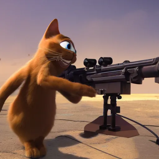 Image similar to an anthropomorphic cat using a sniper rifle to hunt a mouse. pixar. octane renderer.