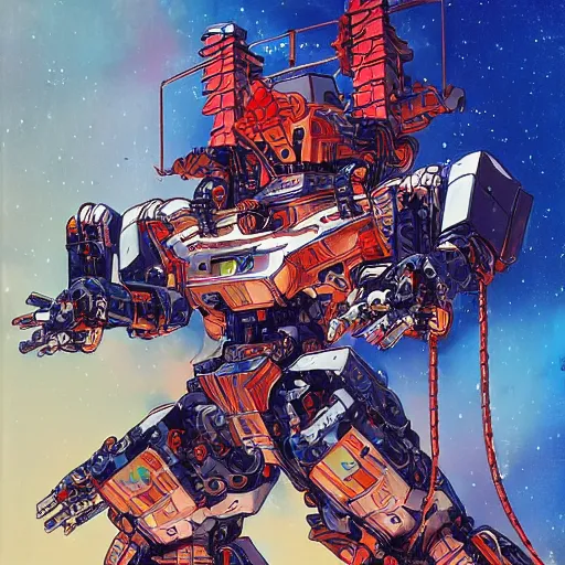 Prompt: the fullmetal wired neon friendly robot orion crosses the infinite tori gates between reality and simulation, hanafuda oil on canvas by ivan shishkin, james jean and yoji shinkawa