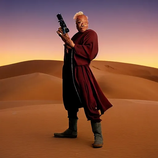 Image similar to photoshoot of comedian red foxx as obi - wan kenobi, tatooine, sunset, dunes, dewbacks, sand people, droids, star wars, photorealistic, atmospheric, photographed in the style of annie leibovitz - h 6 4 0