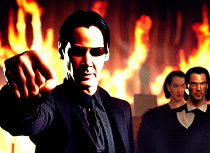 Image similar to A photo of Keanu Reeves as Neo in The Matrix movie doing a thumb up to the camera in front on burning servers, servers in flames in the background, happy system administrator doing a thumb up, uncropped, full body, crispy, ultra detailed