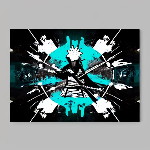 Prompt: samurai ninja random japanese words in the turquoise and black color as scarlxrd album cover