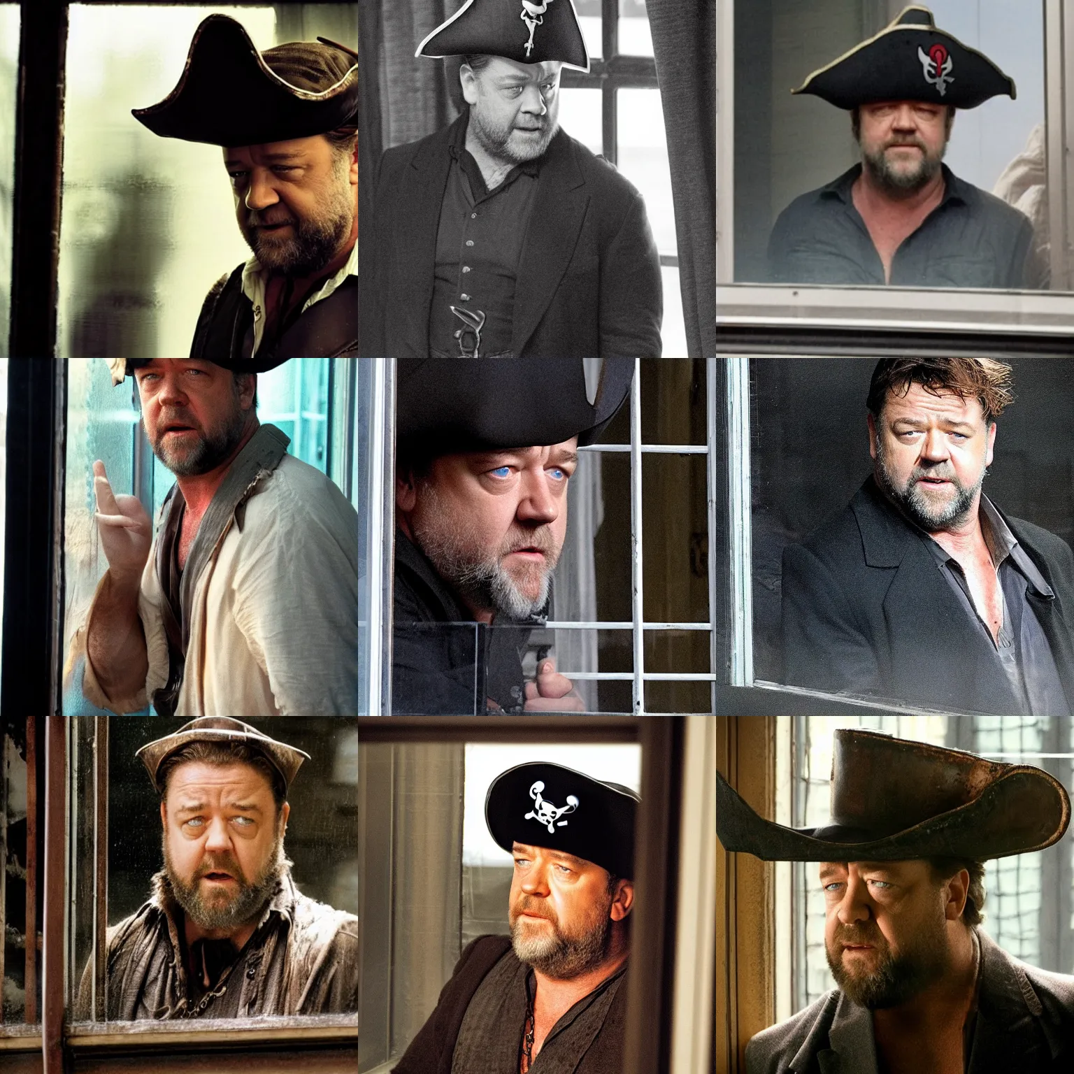 Prompt: thin russell crowe wearing a pirate hat behind a dirty window staring out