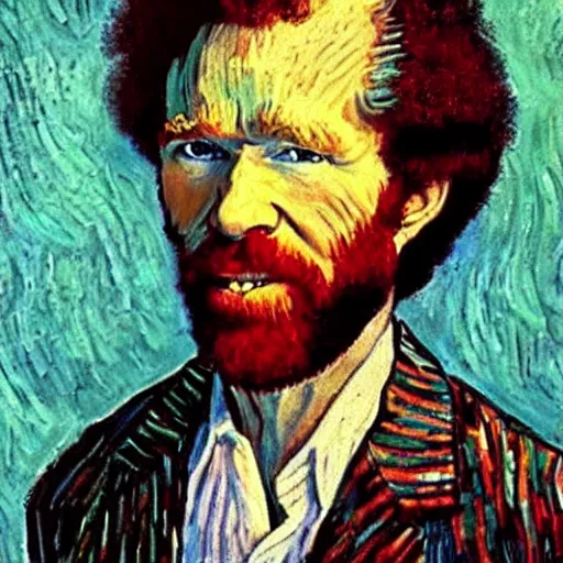 Image similar to ! bob ross! at his easel, painting a van gogh picture