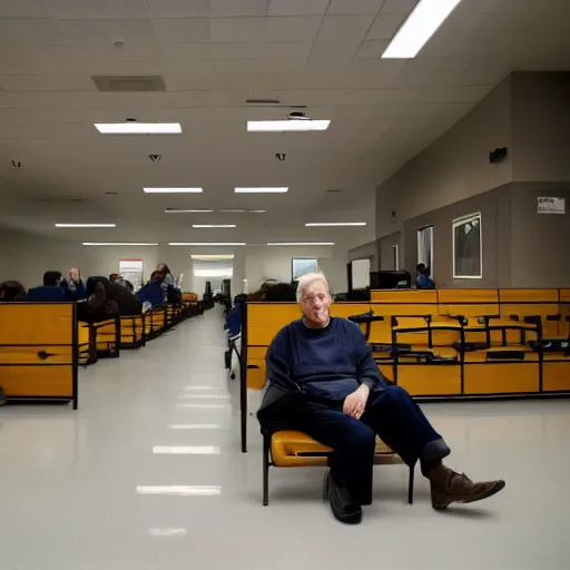 Image similar to wide angle portrait of werner herzog sitting alone in the waiting area of the dmv, wearing a party hat. wide shot, ansel adams, award winning, hyperrealistic, grand budapest hotel, studio lighting, very detailed face, chiaroscuro, film noir