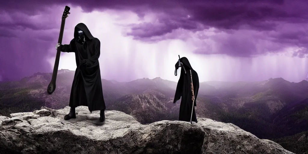 Prompt: the grim reaper standing on a rocky mountain shredding a guitar in a thunderstorm on a purple sky, widescreen