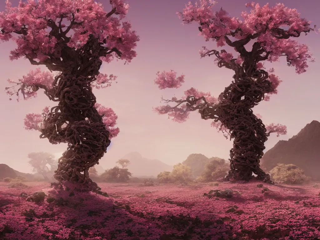 Prompt: a Photorealistic complex hyper detailed hyper realistic rendering of a gigantic eerie knotted tree full of beautiful blossoming pink Sakura flowers in a desert valley with flowers scattered all over the ground at sunset by Craig Mullins,Greg Rutkowski,Beautiful dynamic dramatic dark moody lighting,shadows,volumetric,Cinematic Atmosphere,high surface and silhouette details,Octane Render,8k