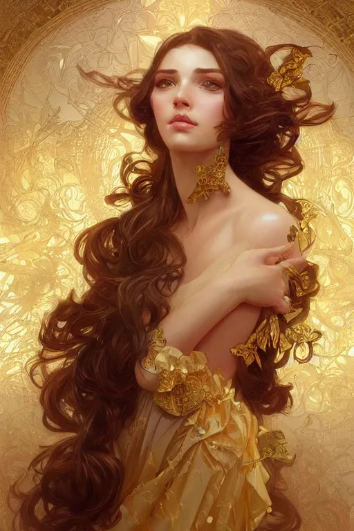 Image similar to a photograpic portrait of a pretty woman, rococo, gold, fantasy, intricate, elegant, highly detailed, digital painting, artstation, concept art, smooth, sharp focus, illustration, art by artgerm and greg rutkowski and alphonse mucha