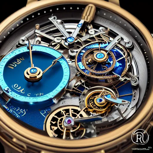 Prompt: a steampunk Jaquet Droz Skelet-One Tourbillon Only Watch reverse workings, highly detailed illustration highlights, gold and silver highlights, neon blue highlights, macro photography, F/2.8, trending on artstation, octane render