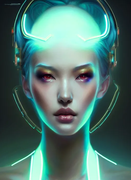 Prompt: portrait of female oriental humanoid, intricate, elegant, cyber neon lights, highly detailed, digital photography, artstation, glamor pose, concept art, smooth, sharp focus, art by artgerm and greg rutkowski