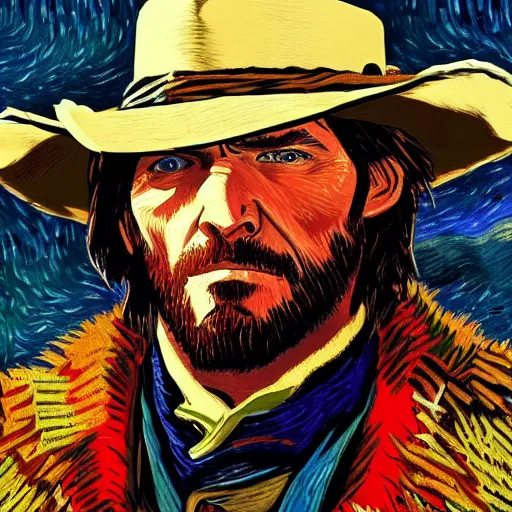 Prompt: John Marston (from Red Dead Redemption 2) in the style of Vincent Van Gogh, masterpiece digital painting, 4k wallpaper, intricate detail, beautiful, gorgeous, stunning, artstation