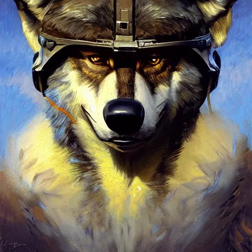 Image similar to a portrait of a wolf dogman canine star pilot. highly detailed painting by gaston bussiere, craig mullins, j. c. leyendecker, furry