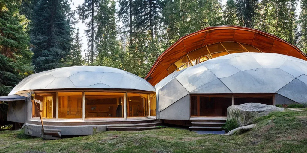 Prompt: large geodesic dome residence, pacific northwest, cedar and white concrete, many windows, triangular elements designed by frank lloyd wright and olson kundig