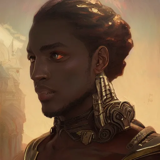 Image similar to portrait of slave knight josiah, elegant, intricate, headshot, highly detailed, digital painting, artstation, concept art, sharp focus, illustration, art by artgerm and greg rutkowski and alphonse mucha