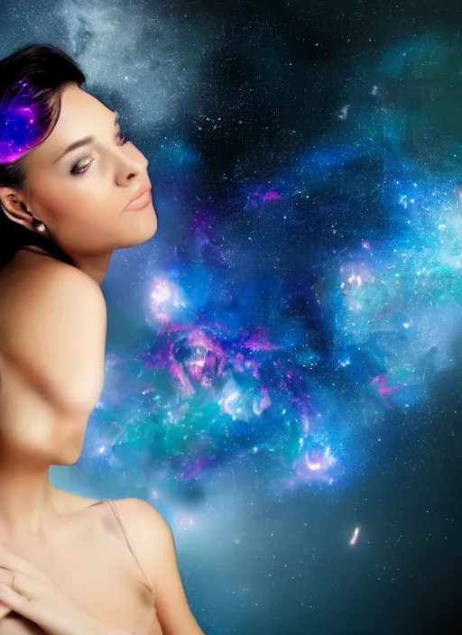 Prompt: Portrait shot of a beautiful girl with a nebula representing neurology beautifully emulating from her head