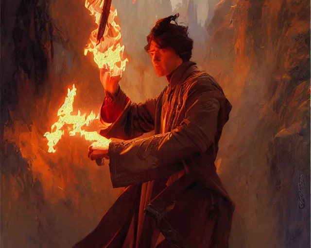 Image similar to attractive male wizard casting powerful fire spell. highly detailed painting by gaston bussiere, craig mullins, j. c. leyendecker 8 k