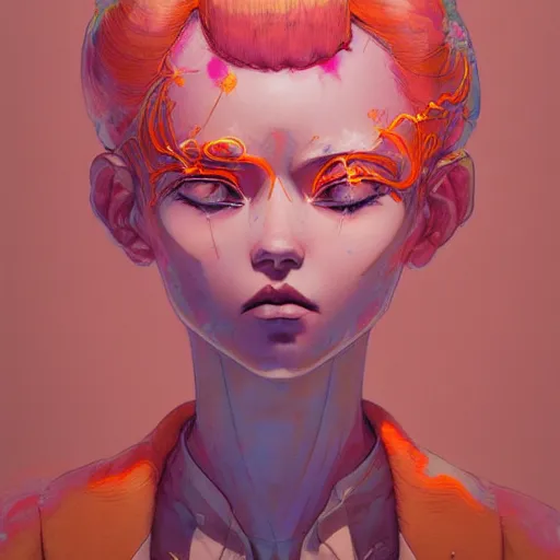 Image similar to prompt : pink and orange portrait soft light painted by james jean and katsuhiro otomo and erik jones, inspired by evangeleon anime, smooth face feature, intricate oil painting, high detail illustration, sharp high detail, manga and anime 1 9 9 9