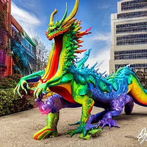 Prompt: rainbow dragon hyperblast art by ed binkley and bordalo ii and john chamberlain and craola, highly detailed