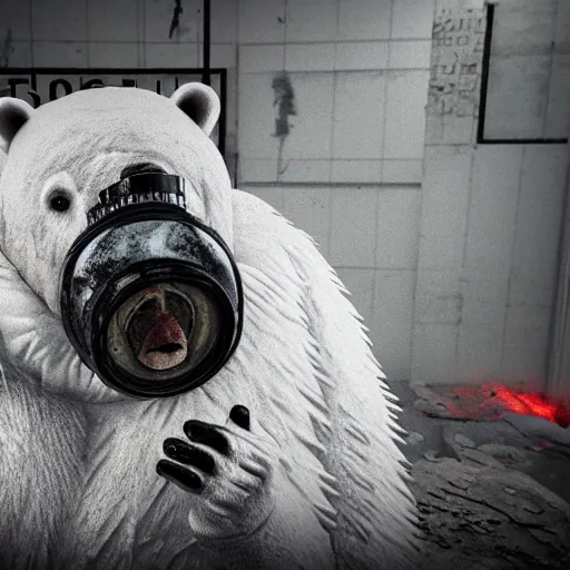 Prompt: surrealist art style, polar bear wearing a gas mask bleeding from eye sockets set in Escape From Tarkov, stencil, traditional, dystopian, depth of field, physically based rendering, pbr render, very detailed, volumetric lighting, octane render