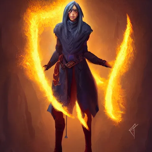 Image similar to a stunning portrait of a dnd human wizard, forming a burning hand spell, digital art 4 k trending on artstation