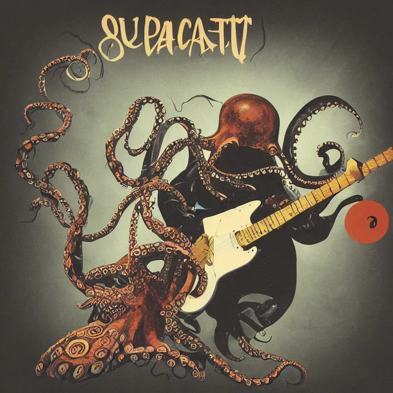 Prompt: a beautiful vinyl cover by bruce holwerda of an octopus playing drums and telecaster guitar in an electronic concert, dark background, concert light, dark mood, cold lighting