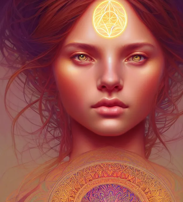 Image similar to symmetry!! portrait of hippie girl, glowing skin mandala!! serene, intricate, elegant, highly detailed, digital painting, artstation, concept art, smooth, sharp focus, illustration, art by artgerm and greg rutkowski and alphonse mucha, 8 k