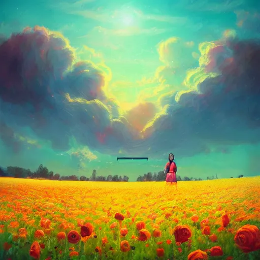 Prompt: giant rose as a head, girl standing in a flower field, surreal photography, sunrise dramatic light, impressionist painting, colorful clouds, digital painting, artstation, simon stalenhag