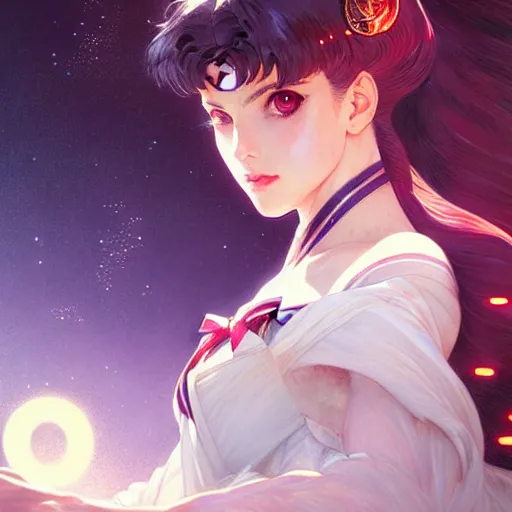 Image similar to Sailor Moon, fantasy, intricate, elegant, highly detailed, digital painting, artstation, concept art, matte, sharp focus, illustration, art by Artgerm and Greg Rutkowski and Alphonse Mucha