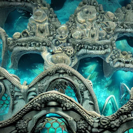 Prompt: of the lost city of Atlantis undersea with strange creatures swimming around in the style of Gaudi, low angle, octane render, super macro, shallow dof, ultra realistic, hyper-realistic, exquisite architecture, hyper-realistic, ultra-detailed, cinematic lighting, vibrant colors, W- 1028