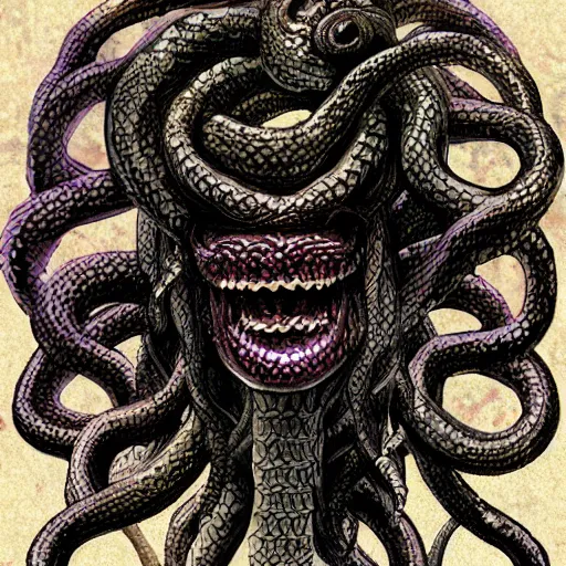 Image similar to torquoise fantasy fanged medusa, medusa head, snake heads, medusa head, snake heads, medusa head, snake tongue, snake tongue, snake tongue, snake tongue, snake tongue, snake tongue,, snake eyes, hair made of snake eyes, fantasy game art, fantasy rpg, league of legends