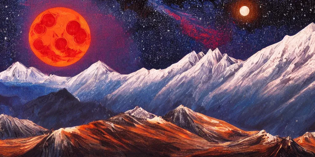 Prompt: 8k intricate ultrarealistic portrait of Kashmir landscape with red moon and starry night in the background, icy mountains in the background