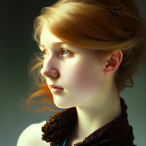 Image similar to portrait of a scottish teenage girl with dark blonde hair, glowing skin, intelligent face, fantasy, intricate, elegant, dress shirt, highly detailed, digital painting, artstation, concept art, smooth, sharp focus, illustration, art by Krenz Cushart and Artem Demura and alphonse mucha