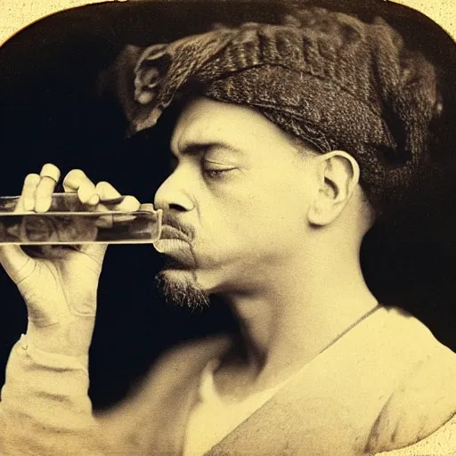 Prompt: tintype photo of ice - t, drinking iced tea with a straw, by julia margaret cameron 1 8 8 0 s, realistic, body shot, sharp focus, 8 k high definition, insanely detailed, intricate, elegant