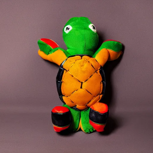 Image similar to a photograph of a turtle plush toy, he is happily playing drums, he is wearing a leather coat, vivid color, 50mm, depth of field