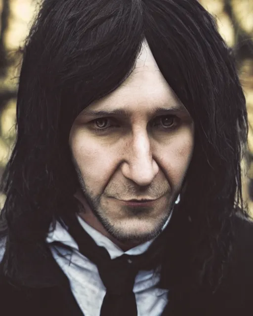 Image similar to photo portrait of a 3 2 - year - old man wearing black clothes, snape severus, with black, greasy, mid - length hair, hooked nose, dark brown eyes, yellow uneven teeth, by mario testinohyper realistic face, beautiful eyes, hyper detailed, smooth