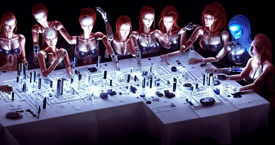 Image similar to beauty, !13 diverse cyborgs on !one_side of a reflective !cybernetic table, !!posing_as_last_supper, inticrate detailed glowing implants, !!highly detailed, dramatic lighting, electrical details, high details, beautiful lighting