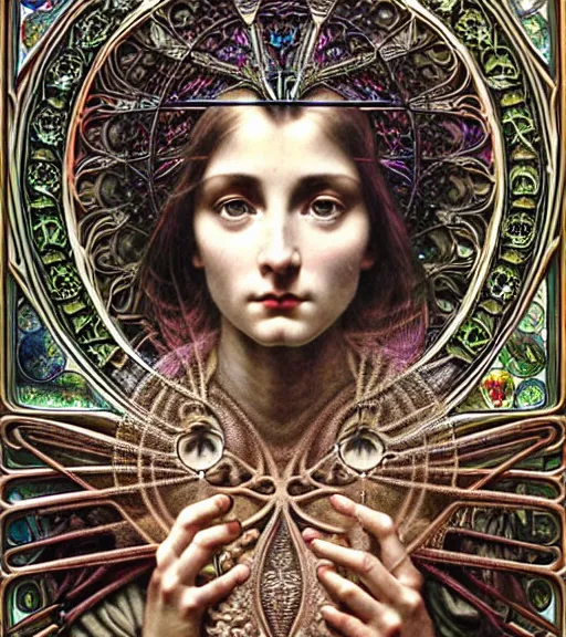 Image similar to hyperrealistic detailed face portrait of a beautiful young goddess morphing into a gothic cathedral, authentic ornamental architecture, intricate and highly detailed, awe inspiring art by ernst haeckel, h. r. giger, alphonso mucha, android jones, james jean, gothic, neo - gothic, heavily ornamental, nice deep colours,